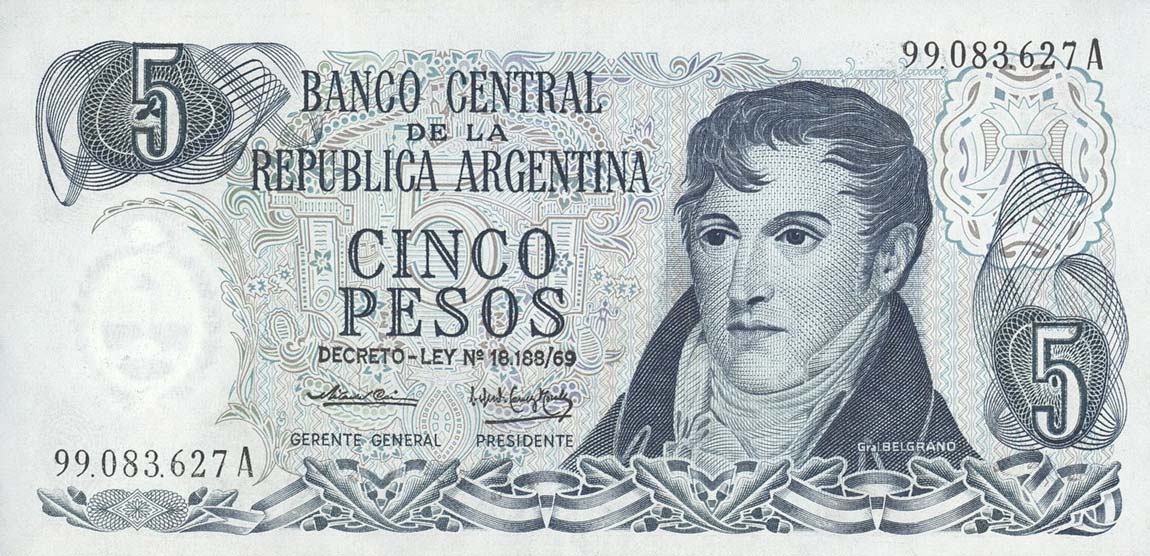 Front of Argentina p294: 5 Pesos from 1974