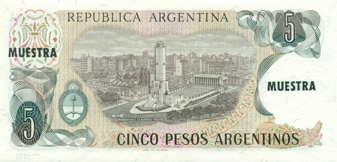 Back of Argentina p312s: 5 Peso Argentino from 1983