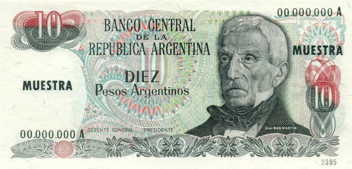 Front of Argentina p313s: 10 Peso Argentino from 1983