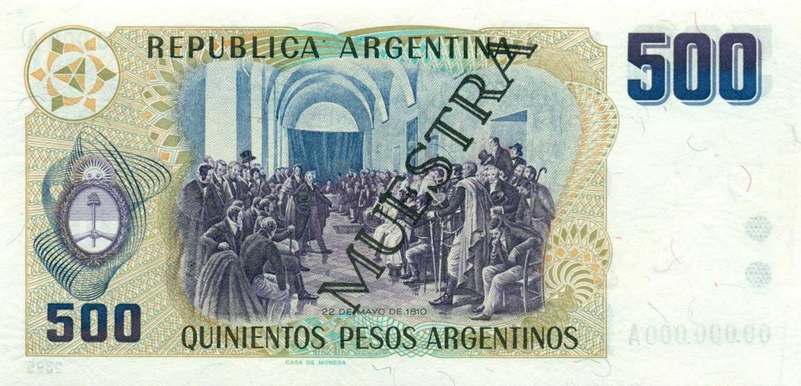 Back of Argentina p316s: 500 Peso Argentino from 1984