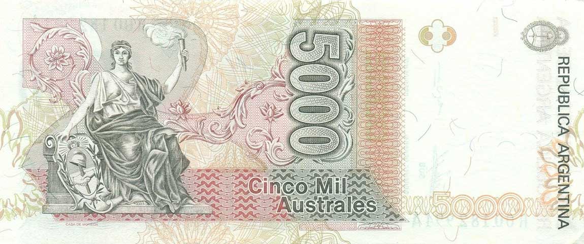 Back of Argentina p330c: 5000 Austral from 1989