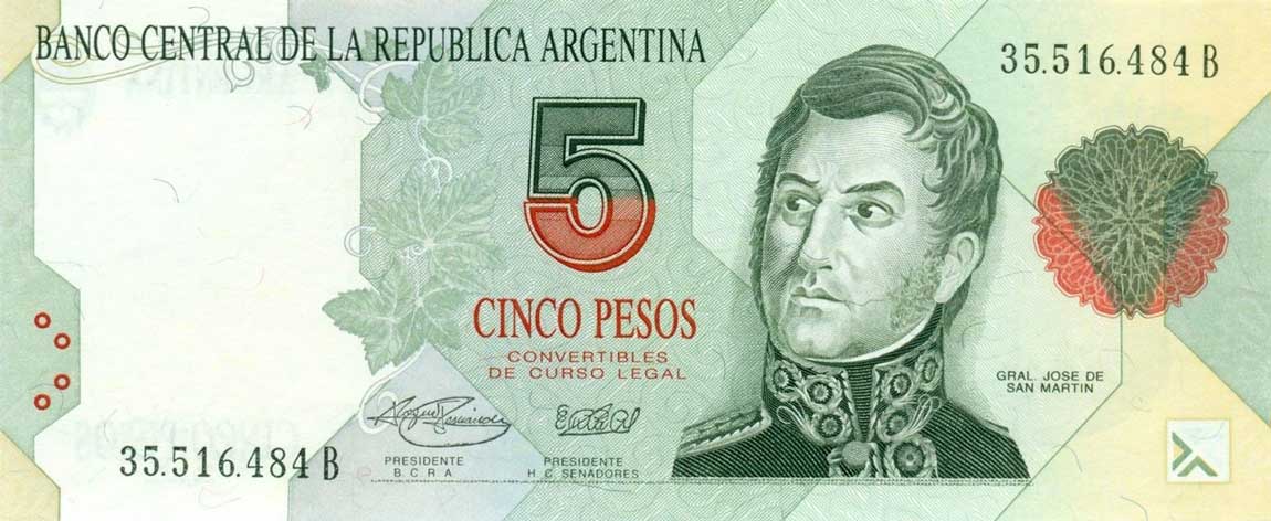 Front of Argentina p341b: 5 Pesos from 1992