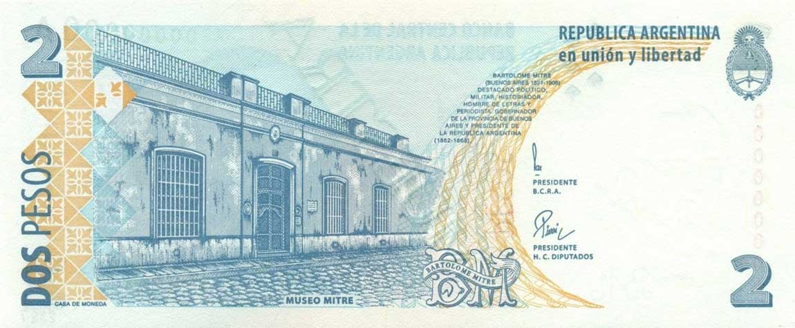 Back of Argentina p346s: 2 Pesos from 1997