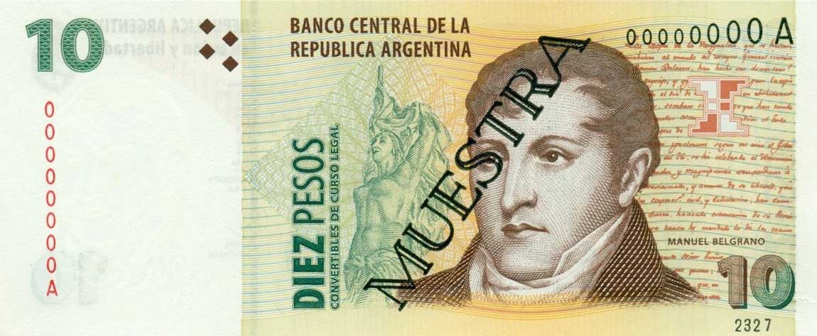 Front of Argentina p348s: 10 Pesos from 1998