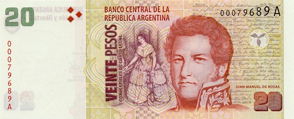 Front of Argentina p349: 20 Pesos from 1999