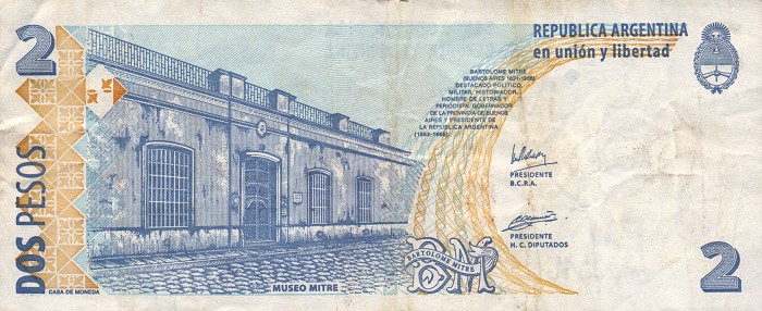 Back of Argentina p352: 2 Pesos from 2002