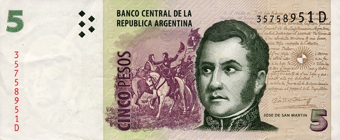 Front of Argentina p353a: 5 Pesos from 2002