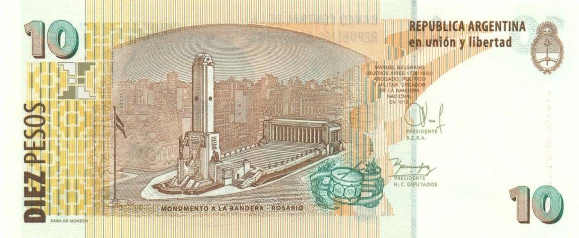 Back of Argentina p354c: 10 Pesos from 2015