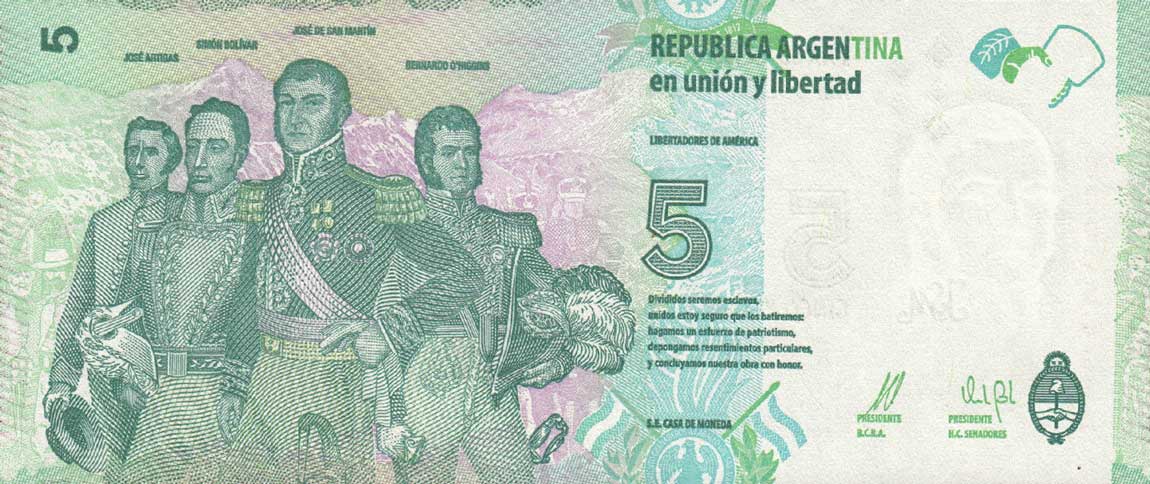 Back of Argentina p359: 5 Pesos from 2015
