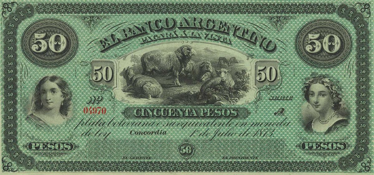 Front of Argentina pS1463r: 50 Peso Plata Boliviana from 1873