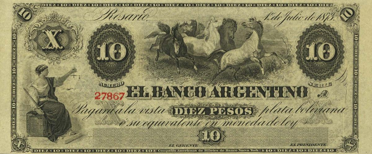 Front of Argentina pS1527r: 10 Peso Plata Boliviana from 1866