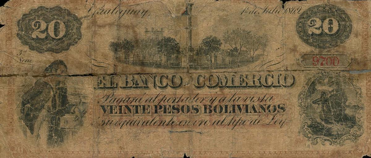 Front of Argentina pS1608r: 20 Peso Plata Boliviana from 1869