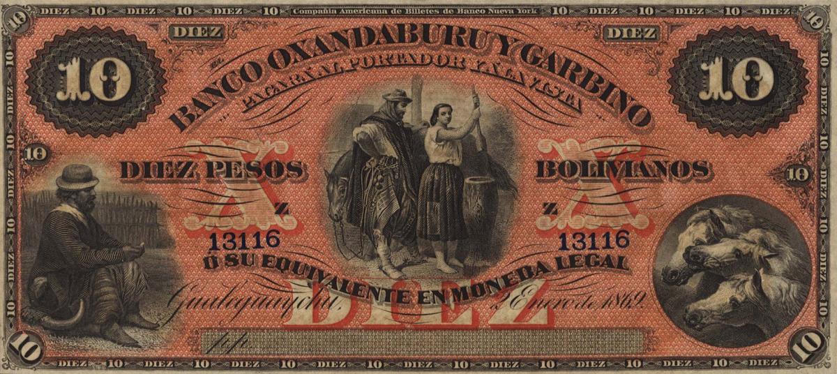 Front of Argentina pS1784r: 10 Pesos Bolivianos from 1869