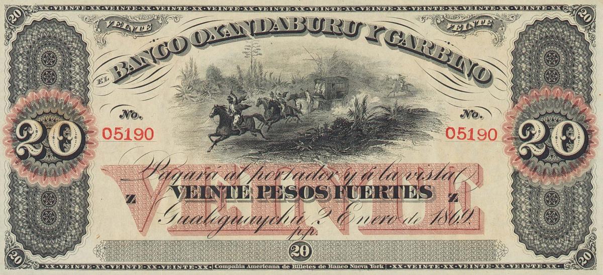 Front of Argentina pS1794r: 20 Peso Fuerte from 1869