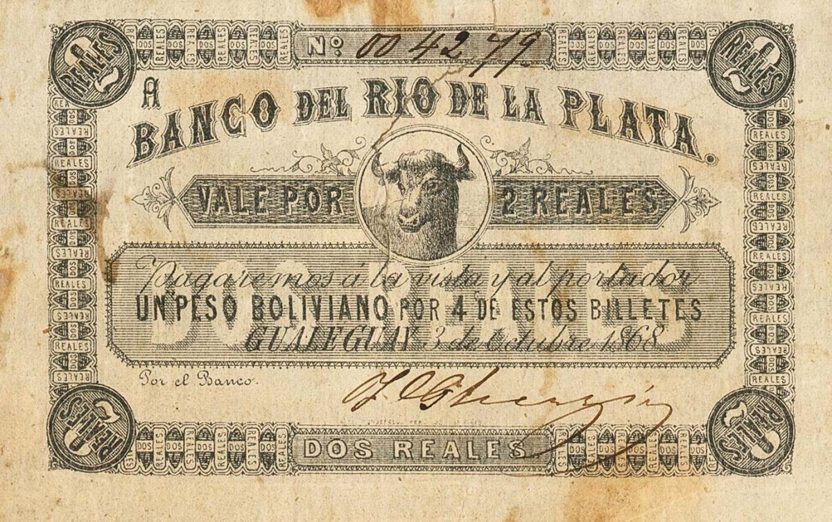 Front of Argentina pS1833a: 2 Real Plata Boliviana from 1868