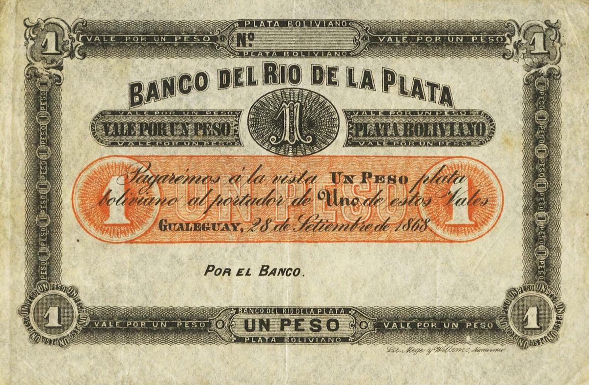 Front of Argentina pS1843: 1 Peso Plata Boliviana from 1868