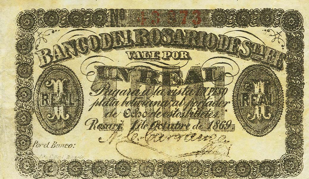 Front of Argentina pS1851a: 1 Real Plata Boliviana from 1869