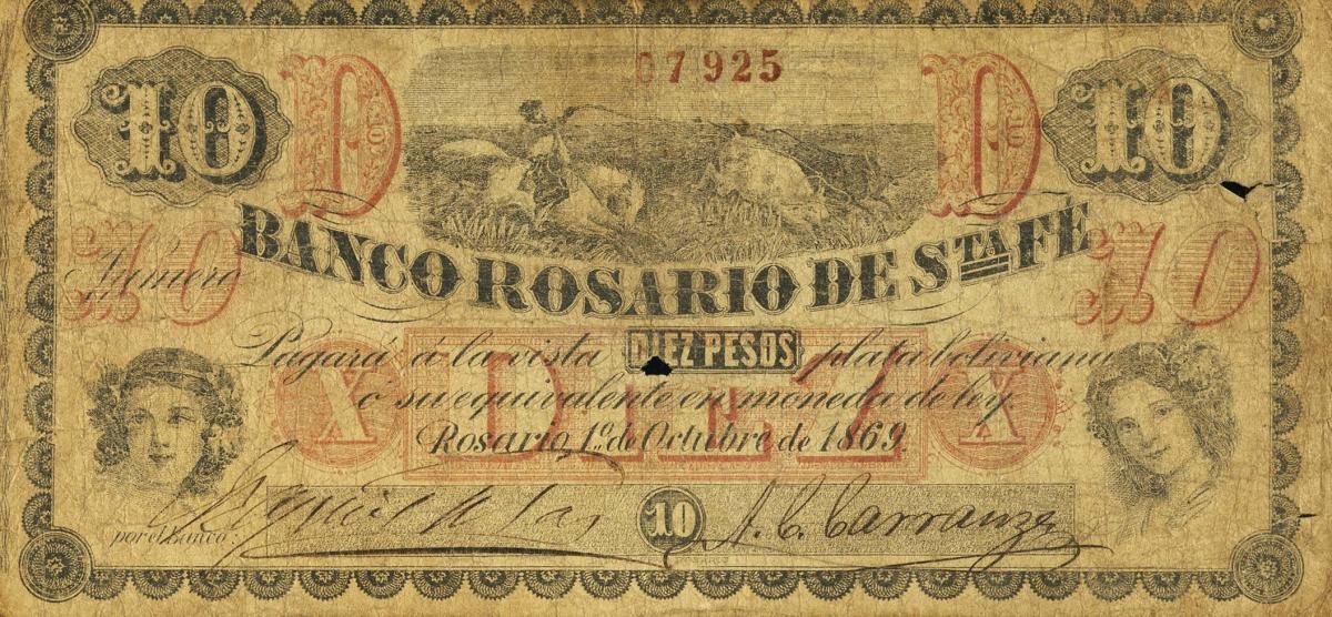 Front of Argentina pS1856b: 10 Peso Plata Boliviana from 1869