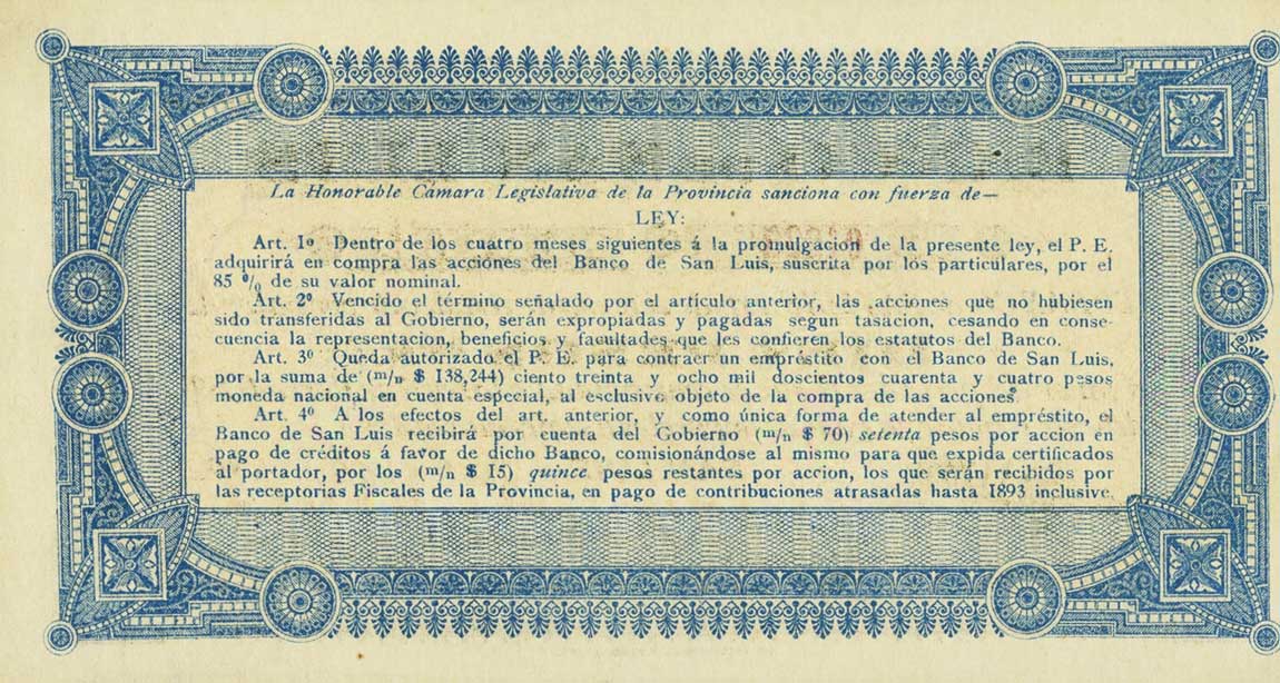 Back of Argentina pS1904: 10 Pesos from 1894