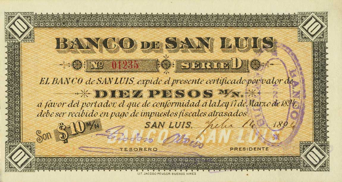 Front of Argentina pS1904: 10 Pesos from 1894