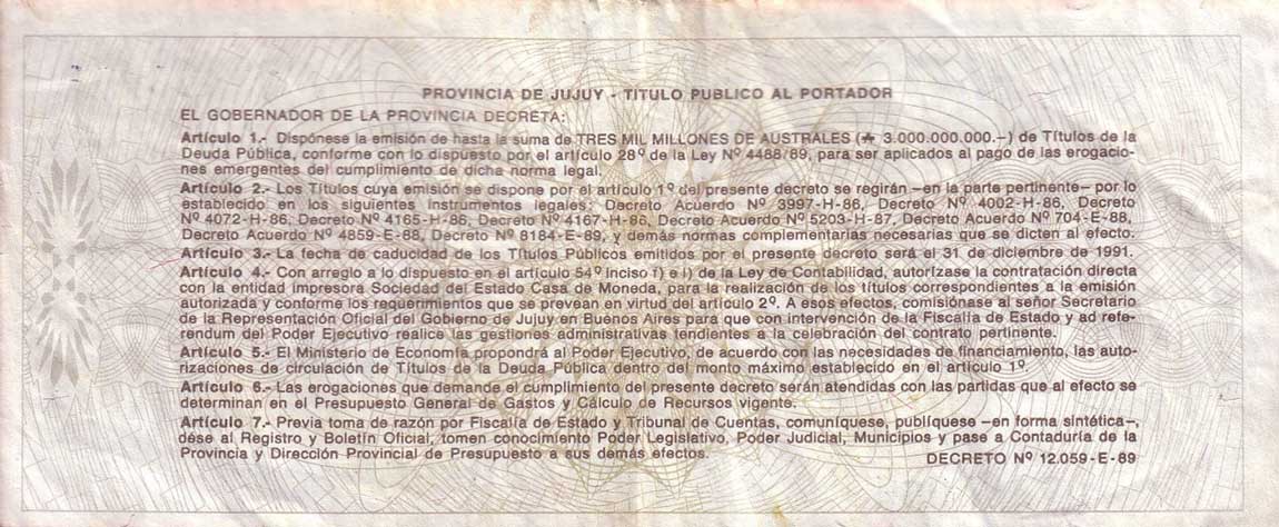 Back of Argentina pS2411: 1000 Australes from 1991