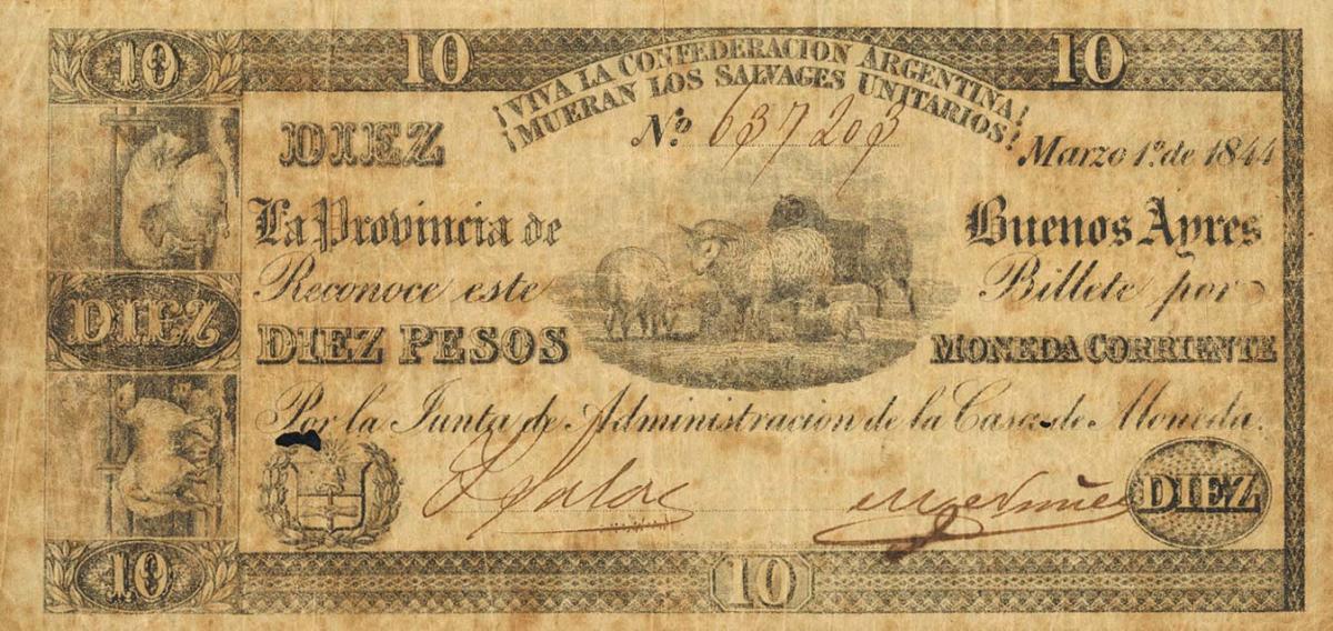 Front of Argentina pS390: 10 Pesos from 1844