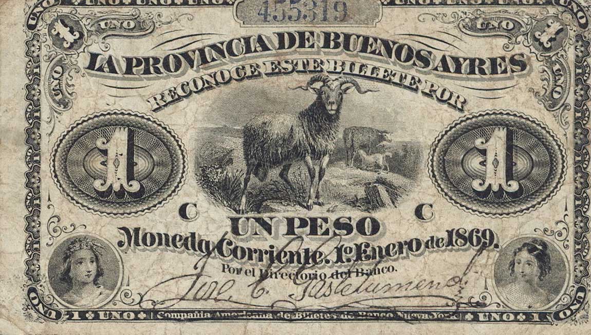 Front of Argentina pS481a: 1 Peso from 1869