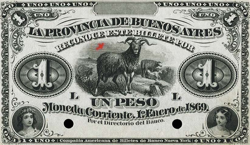 Front of Argentina pS481p: 1 Peso from 1869