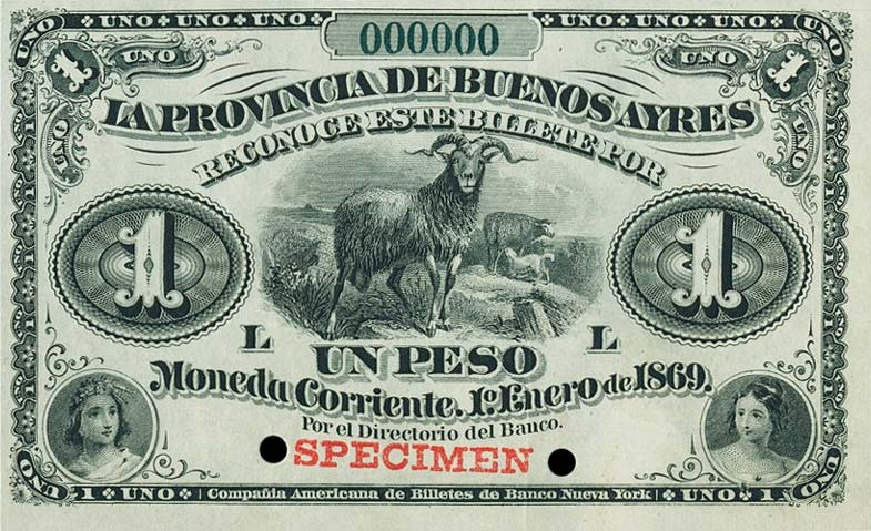 Front of Argentina pS481s: 1 Peso from 1869