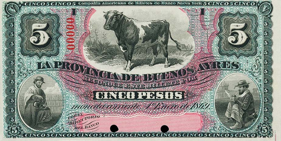 Front of Argentina pS483p: 5 Pesos from 1869