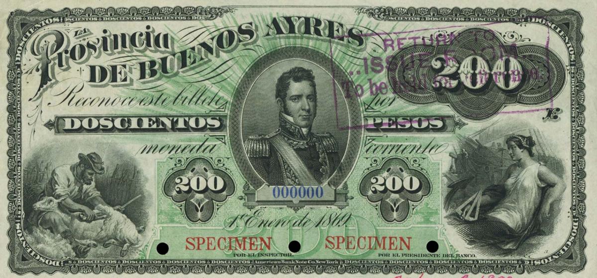 Front of Argentina pS496s1: 200 Pesos from 1869