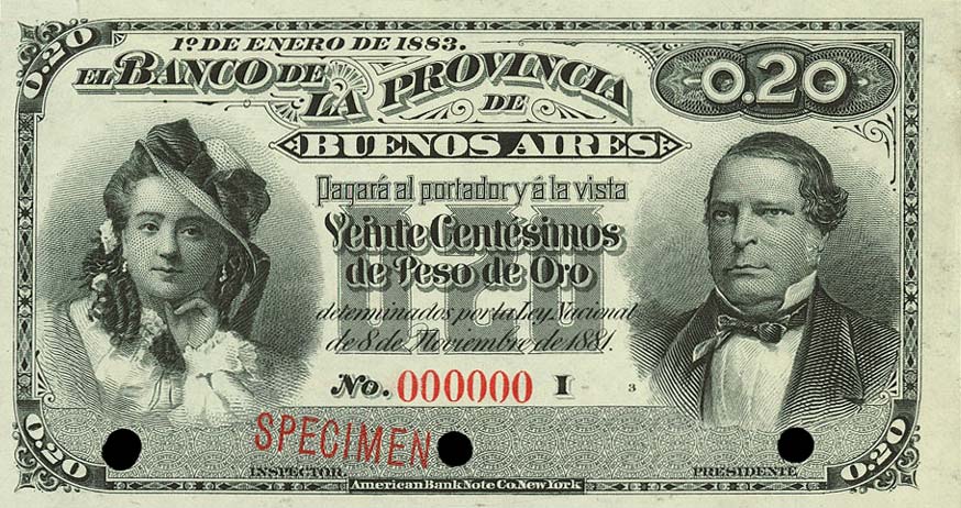 Front of Argentina pS533s: 20 Certimo Oro from 1883