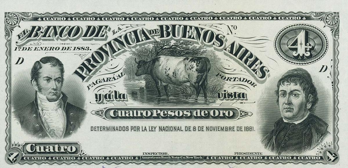 Front of Argentina pS537p: 4 Pesos Oro from 1883