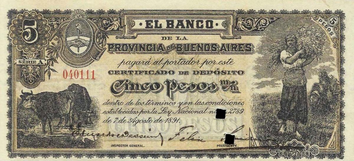 Front of Argentina pS575b: 5 Pesos from 1891