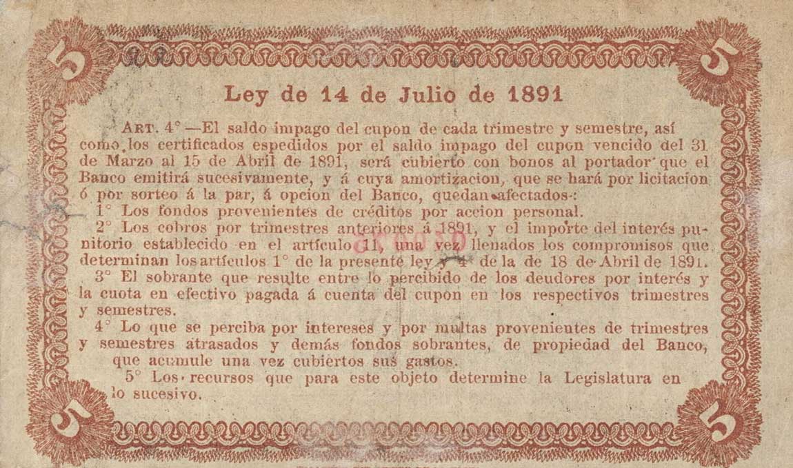 Back of Argentina pS611a: 5 Centavos from 1891