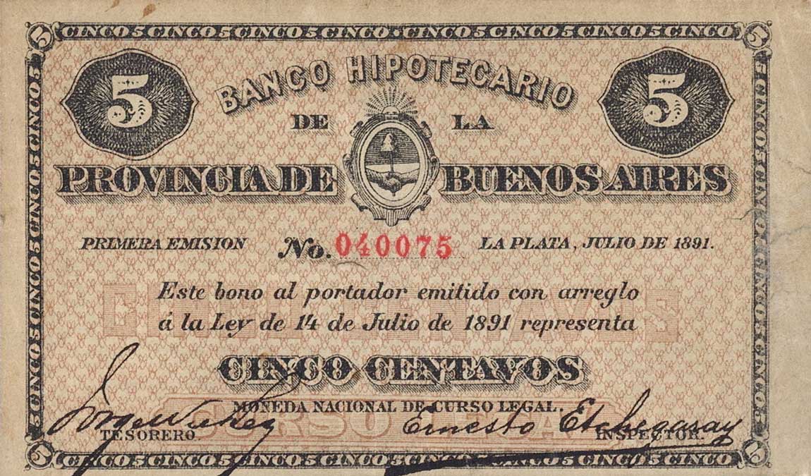 Front of Argentina pS611a: 5 Centavos from 1891