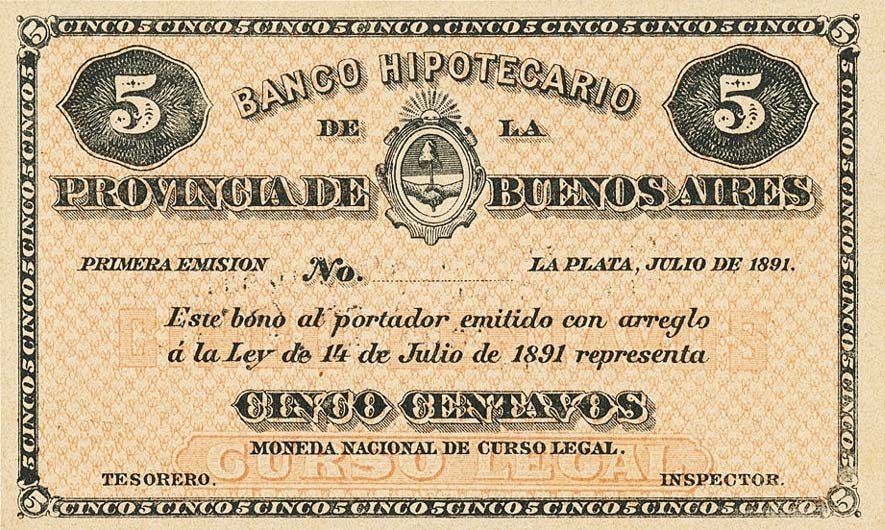 Front of Argentina pS611p: 5 Centavos from 1891