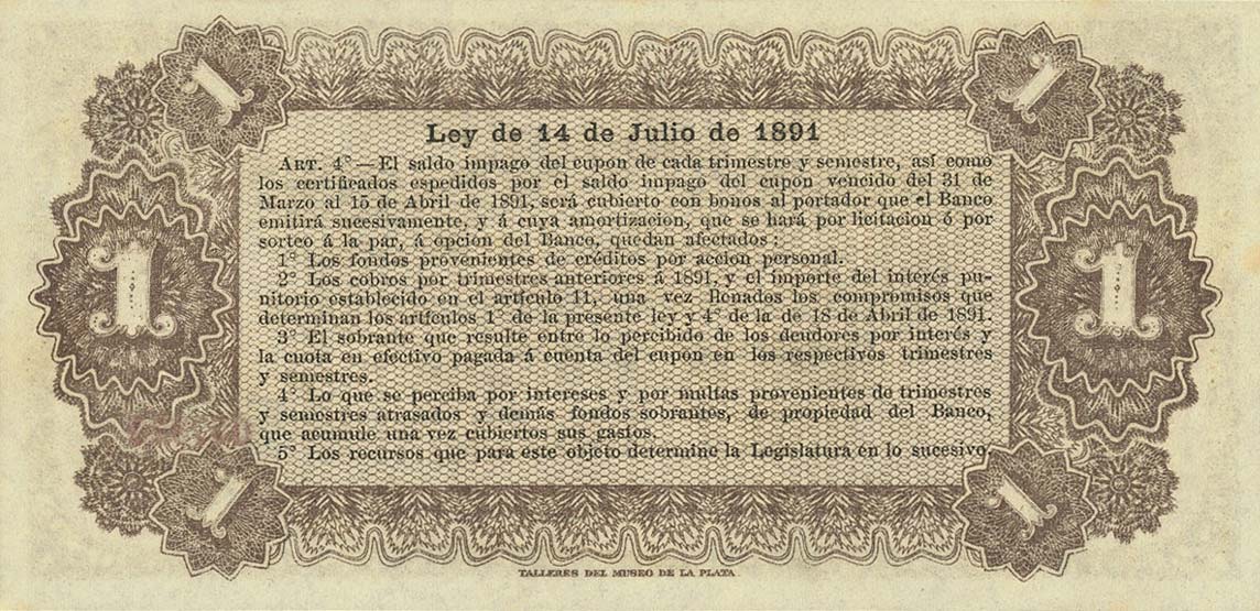 Back of Argentina pS615: 1 Peso from 1891