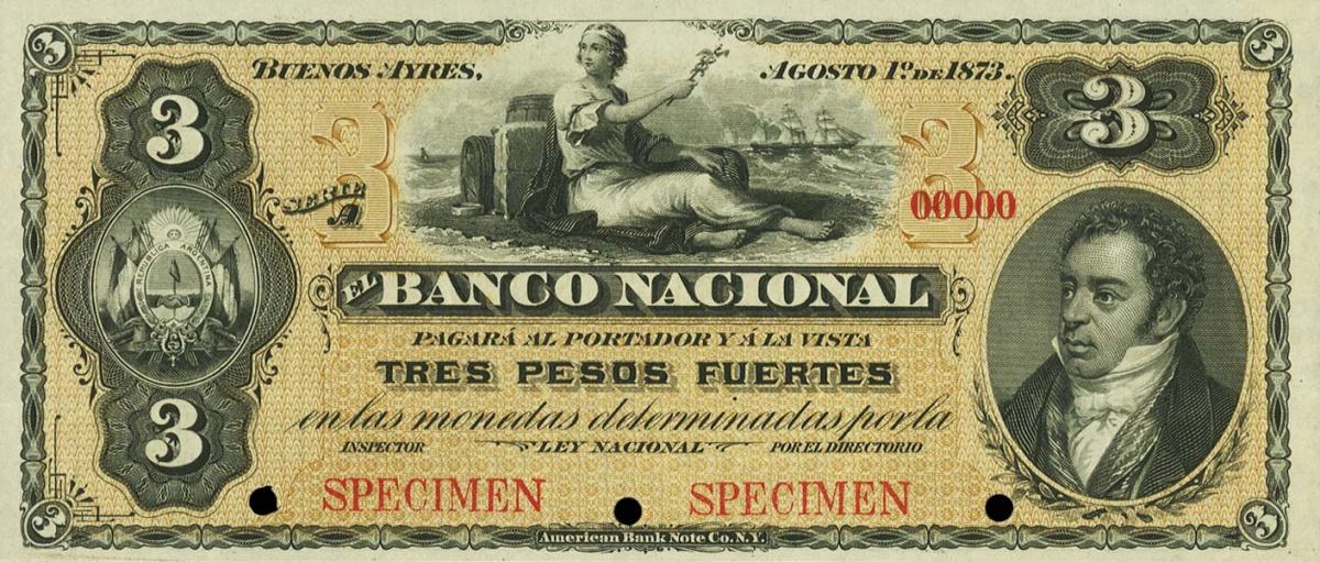 Front of Argentina pS651s: 3 Peso Fuerte from 1873