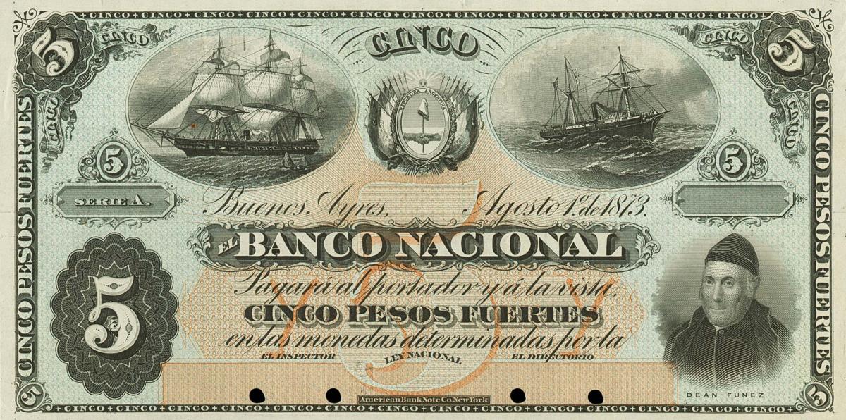 Front of Argentina pS652p: 5 Peso Fuerte from 1873