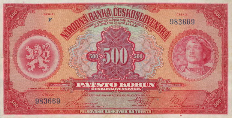 Front of Czechoslovakia p24a: 500 Korun from 1929