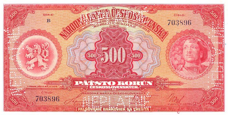 Front of Czechoslovakia p24s: 500 Korun from 1929