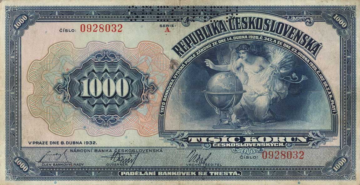 Front of Czechoslovakia p25s: 1000 Korun from 1932