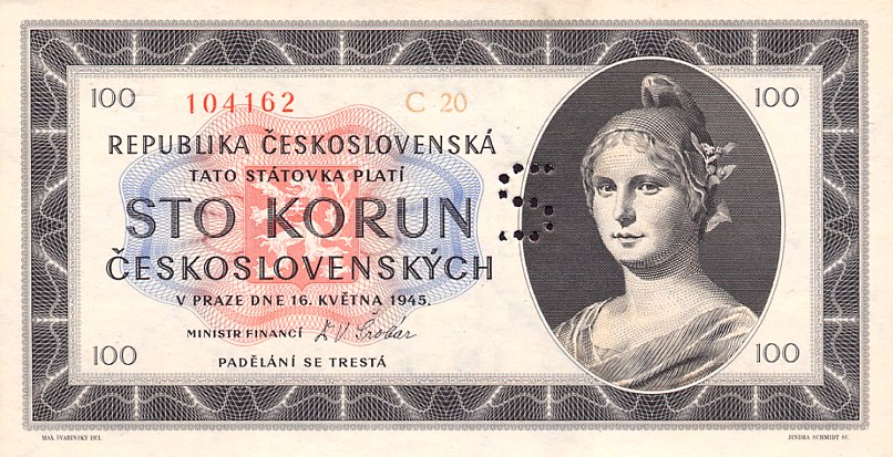 Front of Czechoslovakia p67s: 100 Korun from 1945