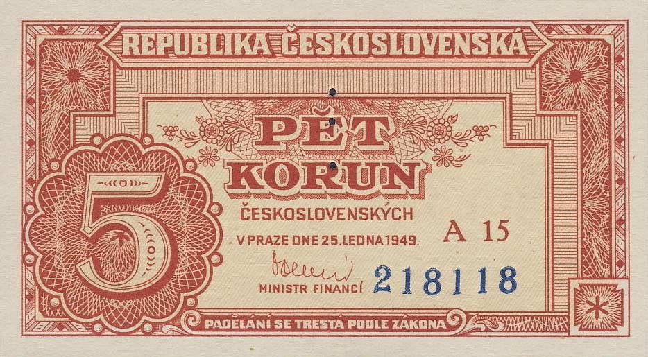 Front of Czechoslovakia p68s: 5 Korun from 1949