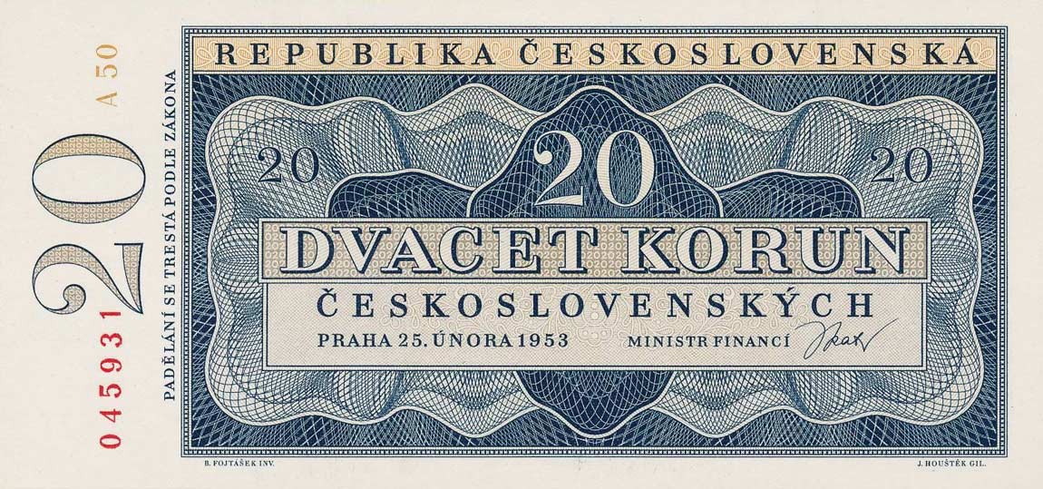 Front of Czechoslovakia p72A: 20 Korun from 1953