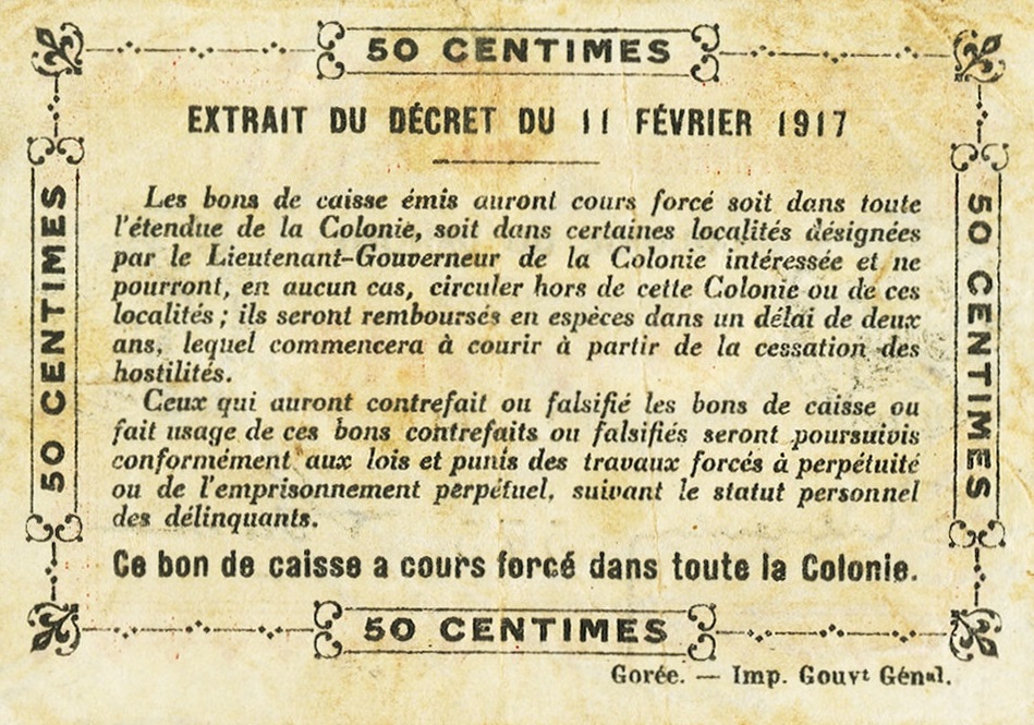 Back of Dahomey p1b: 0.5 Franc from 1917