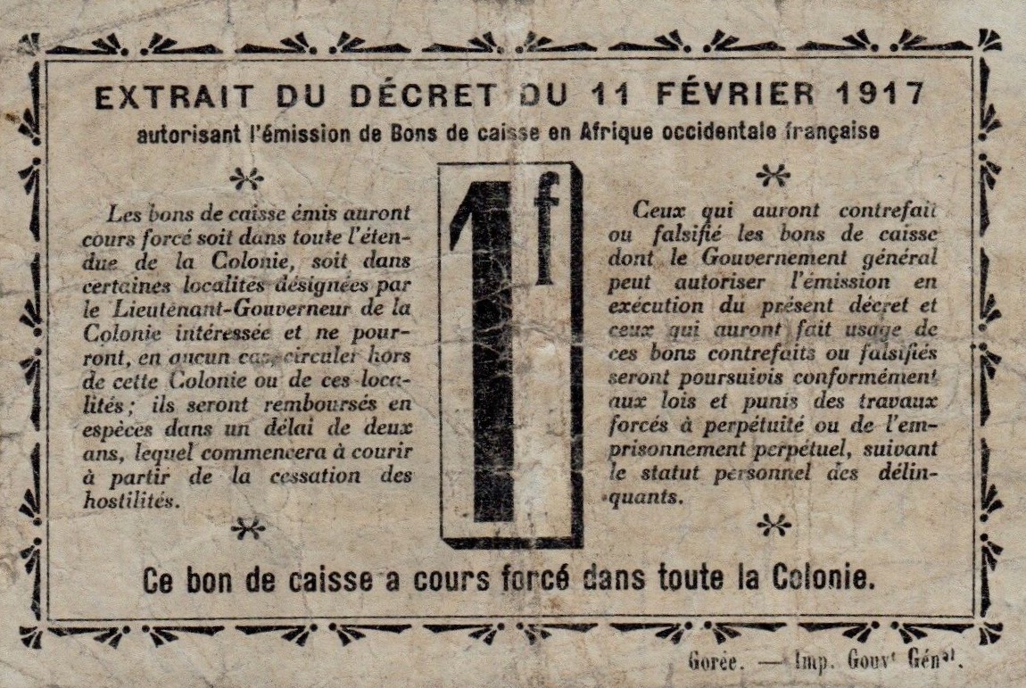 Back of Dahomey p2b: 1 Franc from 1917