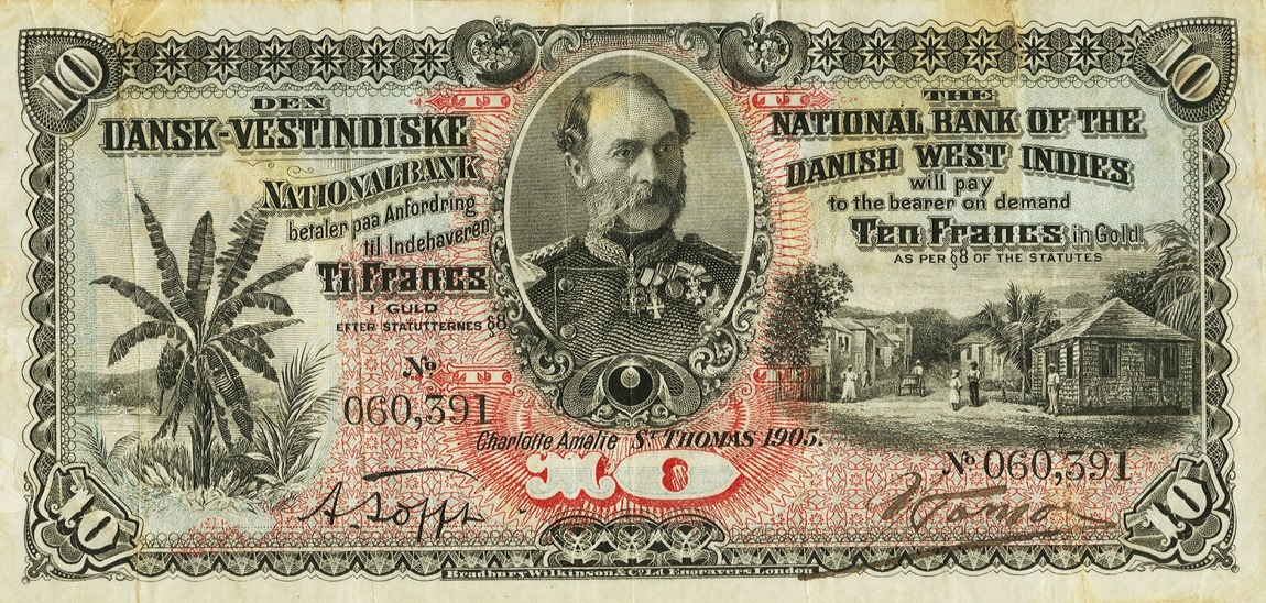 Front of Danish West Indies p18a: 10 Francs from 1905