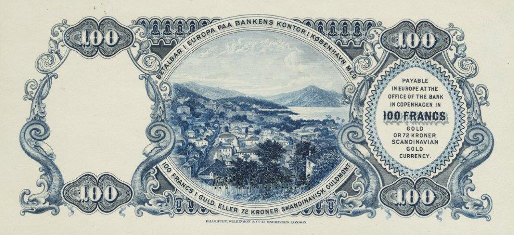 Back of Danish West Indies p20a: 100 Francs from 1905